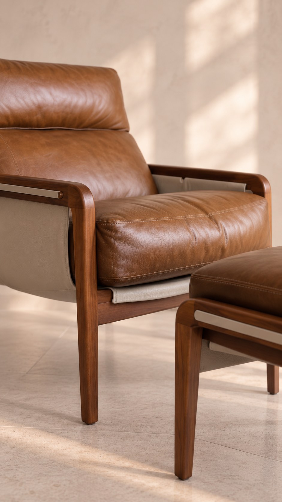 Chaise Alice com Puff em Couro Legítimo – detalhe